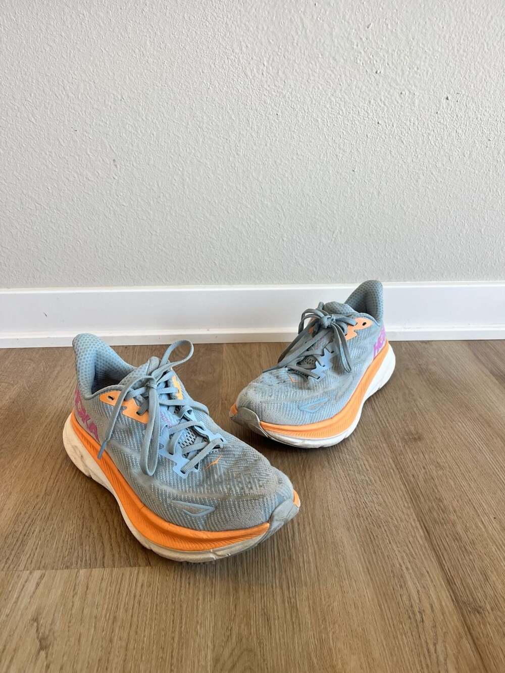 Hoka, Women's Clifton 9 Running/Walking Shoes Blue/White/Orange, 9